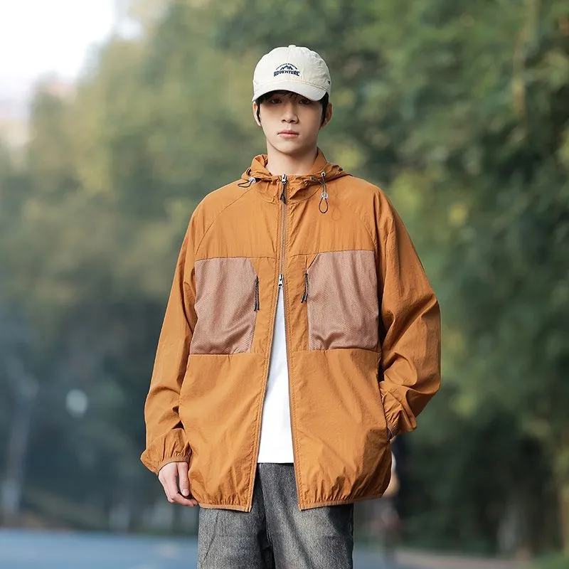 Solid Color Windbreaker for Men Featuring Zippered Pockets and Patch Pocket
