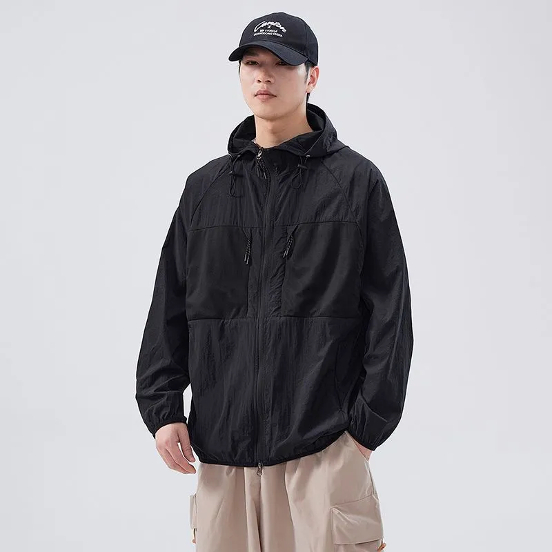 Solid Color Windbreaker for Men Featuring Zippered Pockets and Patch Pocket