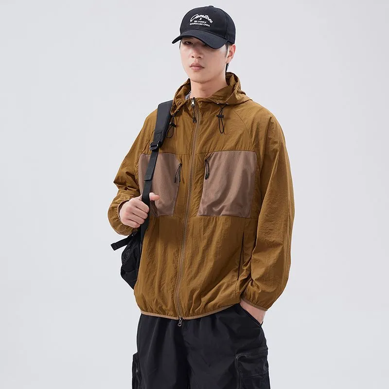 Solid Color Windbreaker for Men Featuring Zippered Pockets and Patch Pocket