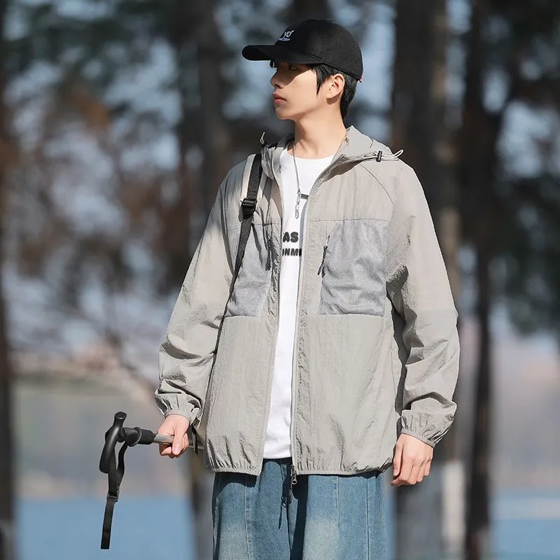 Solid Color Windbreaker for Men Featuring Zippered Pockets and Patch Pocket