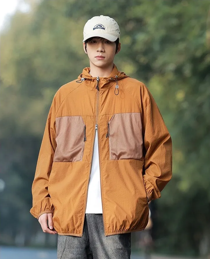 Solid Color Windbreaker for Men Featuring Zippered Pockets and Patch Pocket