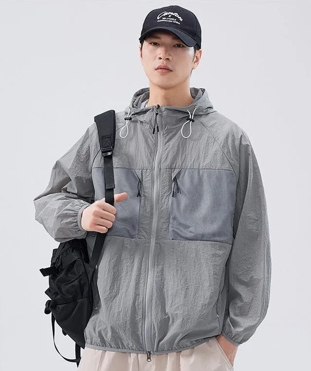 Solid Color Windbreaker for Men Featuring Zippered Pockets and Patch Pocket