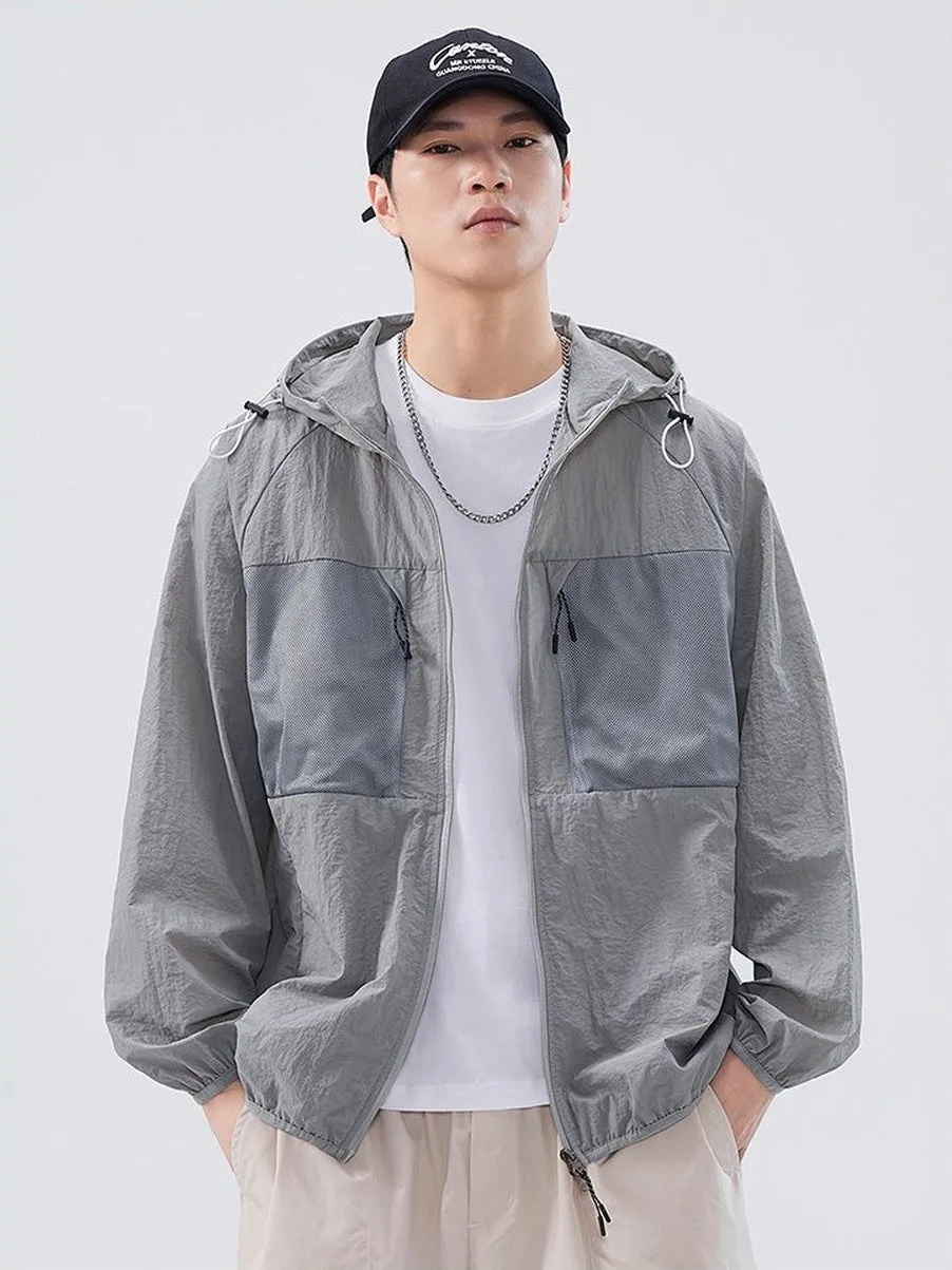 Solid Color Windbreaker for Men Featuring Zippered Pockets and Patch Pocket