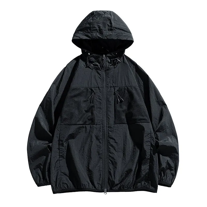 Solid Color Windbreaker for Men Featuring Zippered Pockets and Patch Pocket