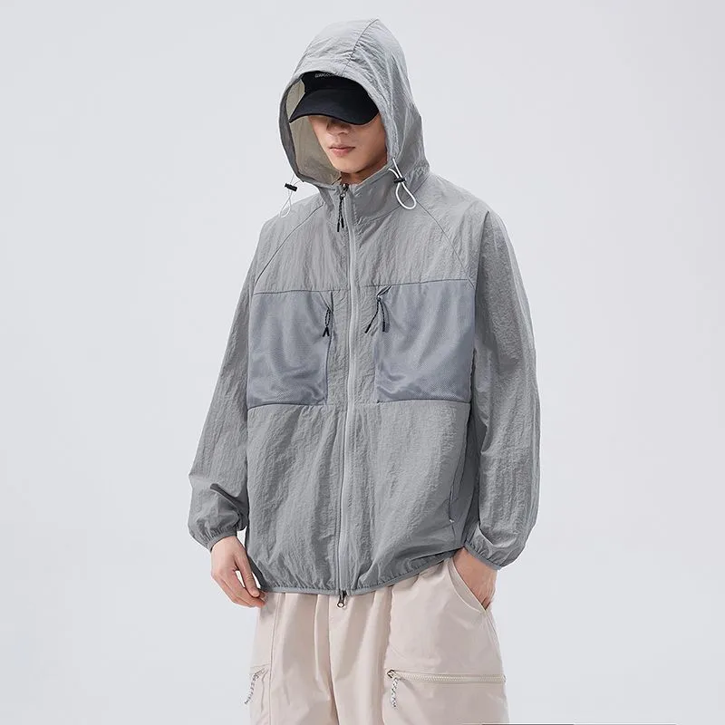 Solid Color Windbreaker for Men Featuring Zippered Pockets and Patch Pocket