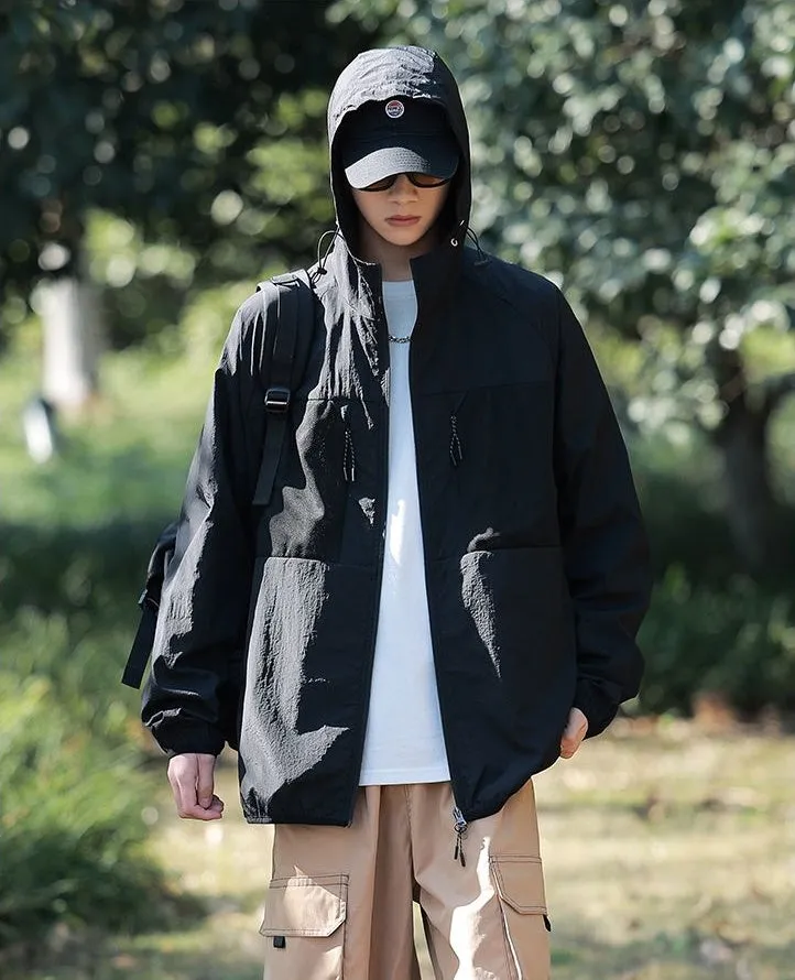 Solid Color Windbreaker for Men Featuring Zippered Pockets and Patch Pocket