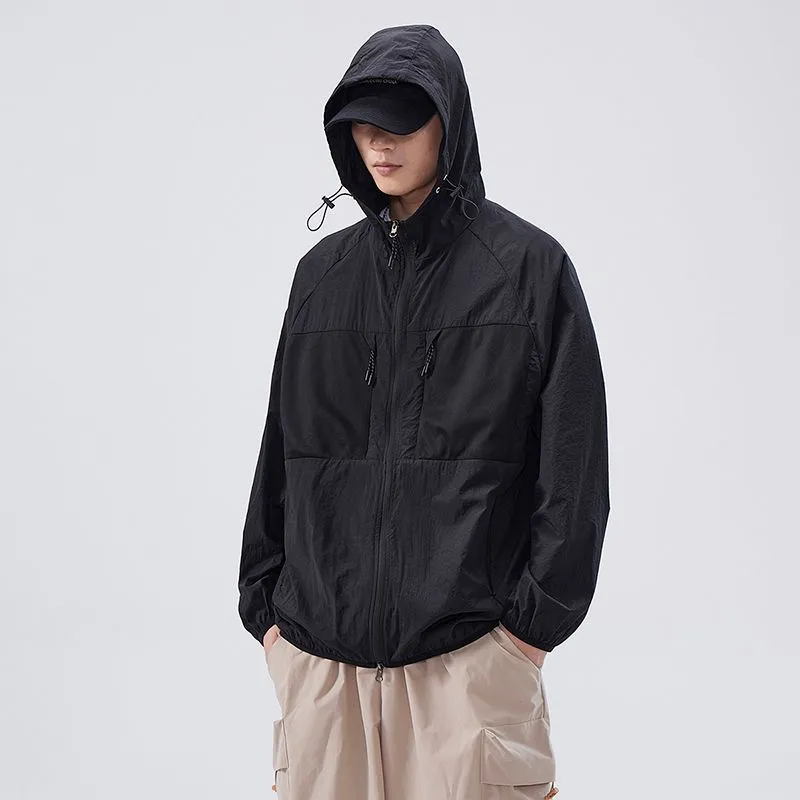 Solid Color Windbreaker for Men Featuring Zippered Pockets and Patch Pocket