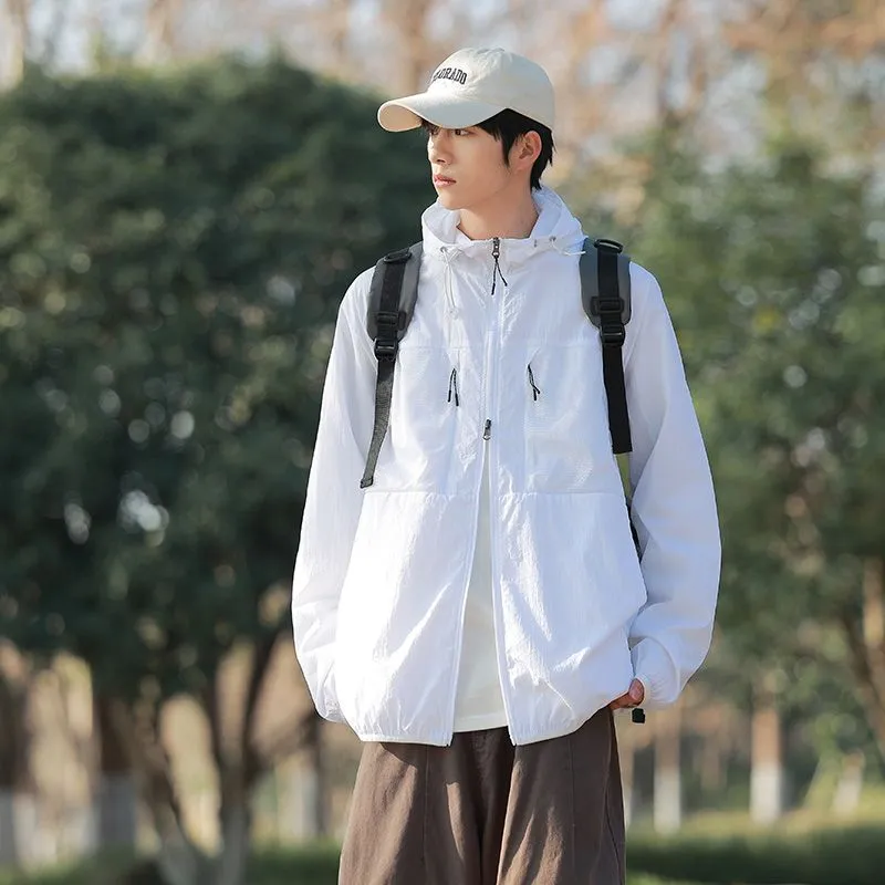 Solid Color Windbreaker for Men Featuring Zippered Pockets and Patch Pocket