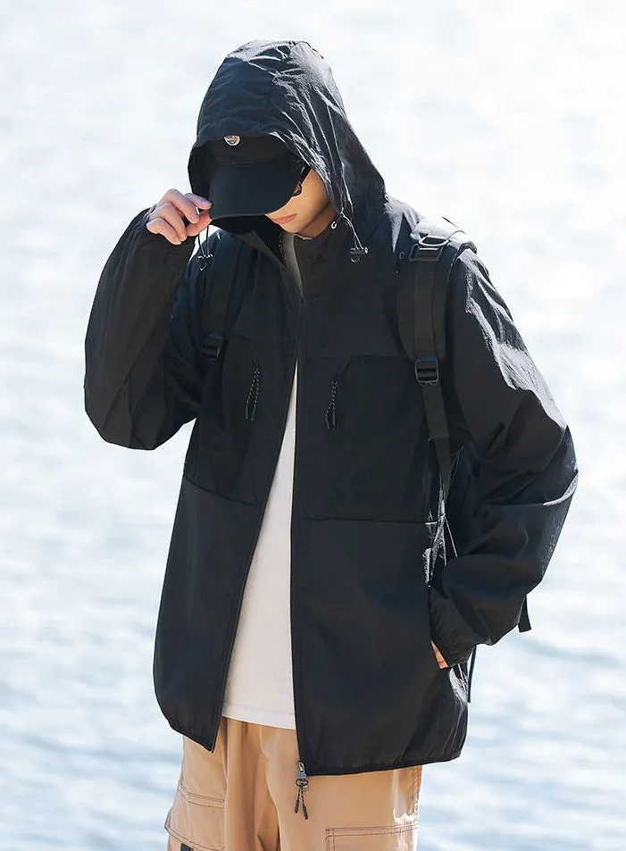 Solid Color Windbreaker for Men Featuring Zippered Pockets and Patch Pocket