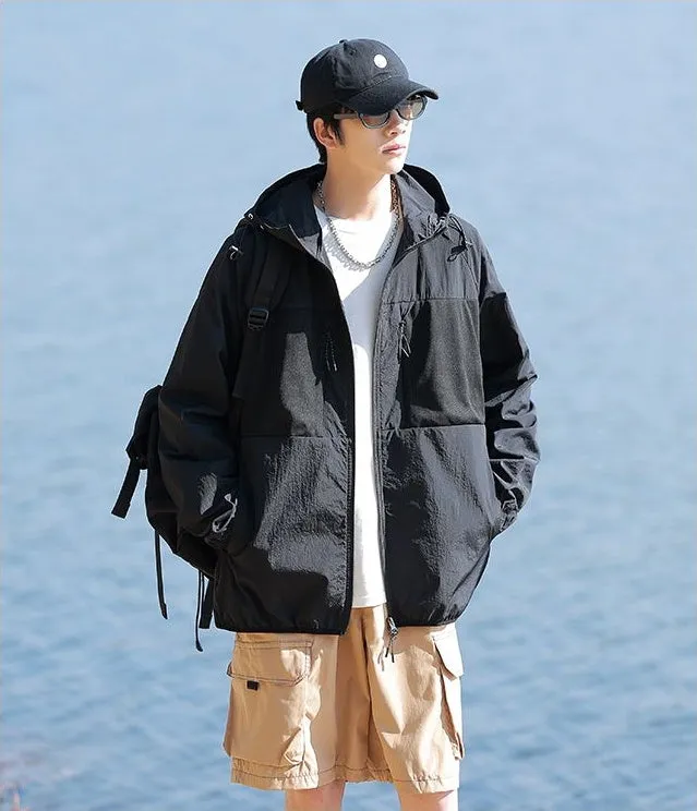 Solid Color Windbreaker for Men Featuring Zippered Pockets and Patch Pocket