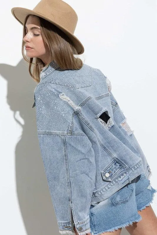 Sparkling Studded Distressed Frayed Oversized Denim Jacket