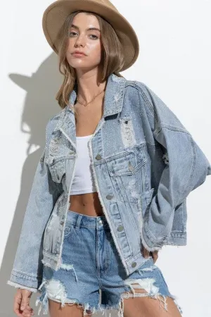 Sparkling Studded Distressed Frayed Oversized Denim Jacket