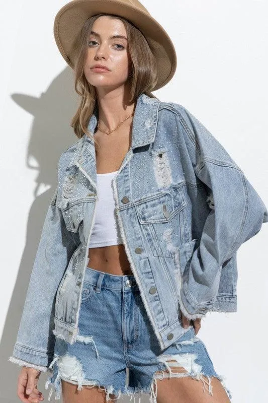 Sparkling Studded Distressed Frayed Oversized Denim Jacket