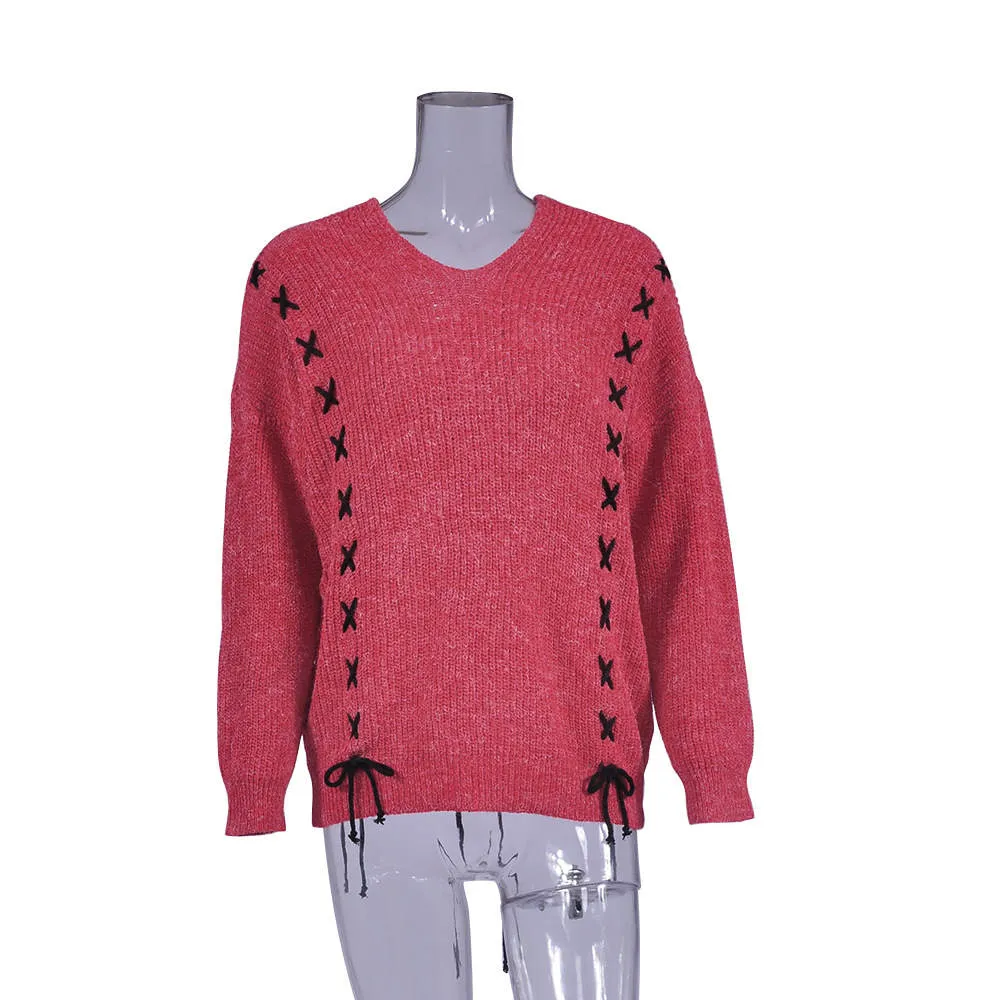 Spring and Summer Fashion V-neck Long-sleeved Sweater Top
