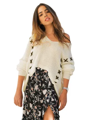 Spring and Summer Fashion V-neck Long-sleeved Sweater Top