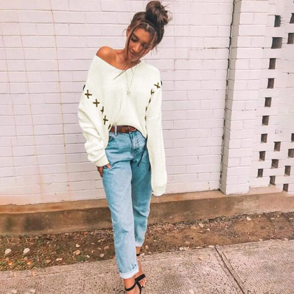 Spring and Summer Fashion V-neck Long-sleeved Sweater Top