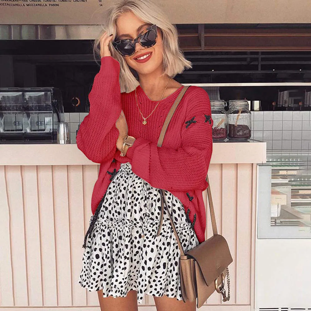 Spring and Summer Fashion V-neck Long-sleeved Sweater Top