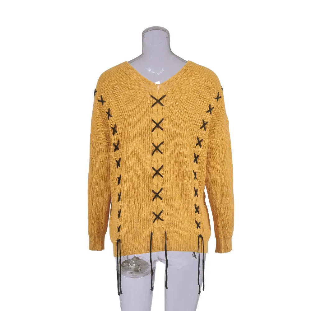 Spring and Summer Fashion V-neck Long-sleeved Sweater Top