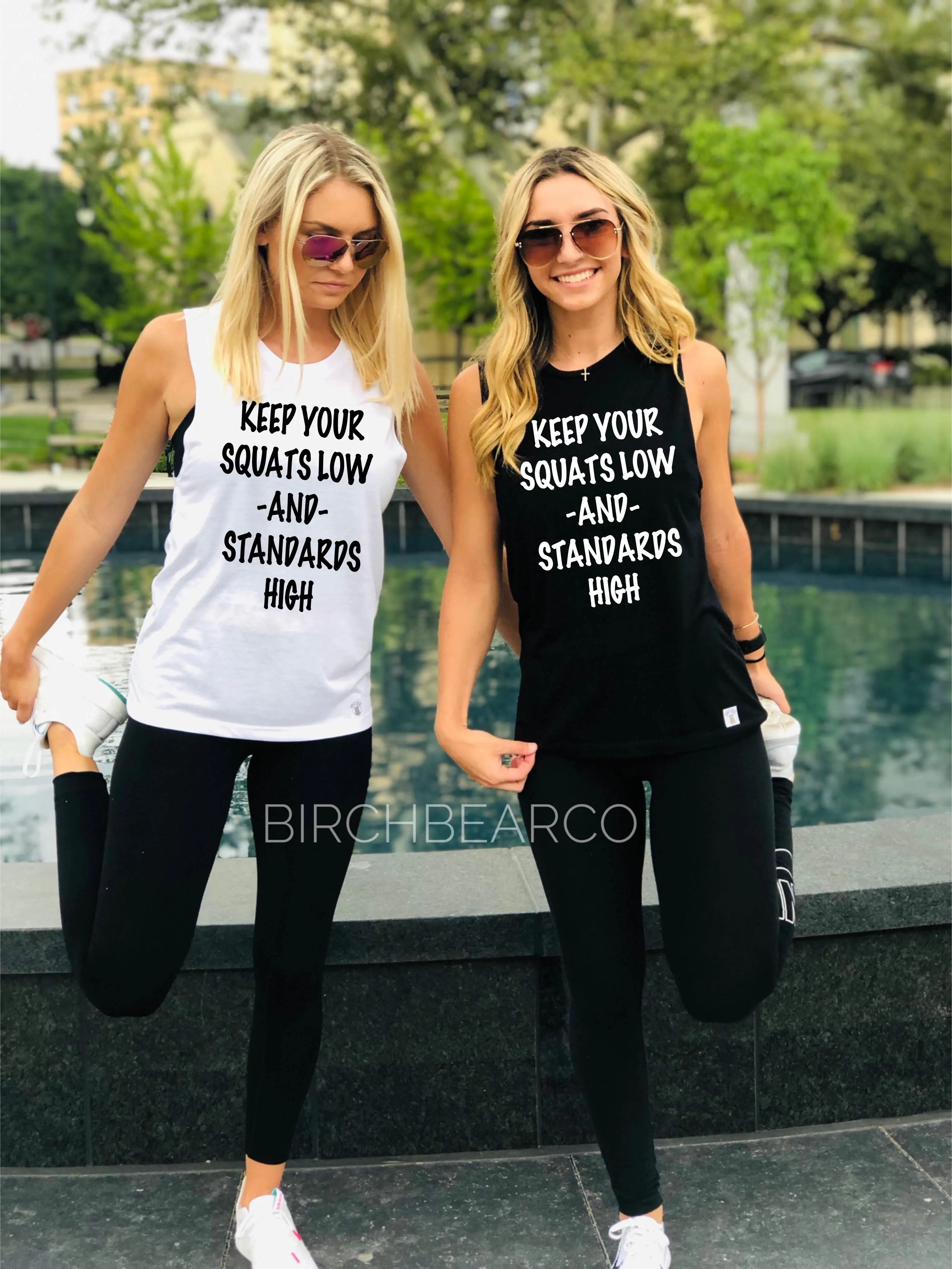Squats Low Standards High - Yoga Shirts - Yoga T-Shirt Yoga Tops - Funny Workout Shirt  - Women's Yoga Tank Top T Shirt