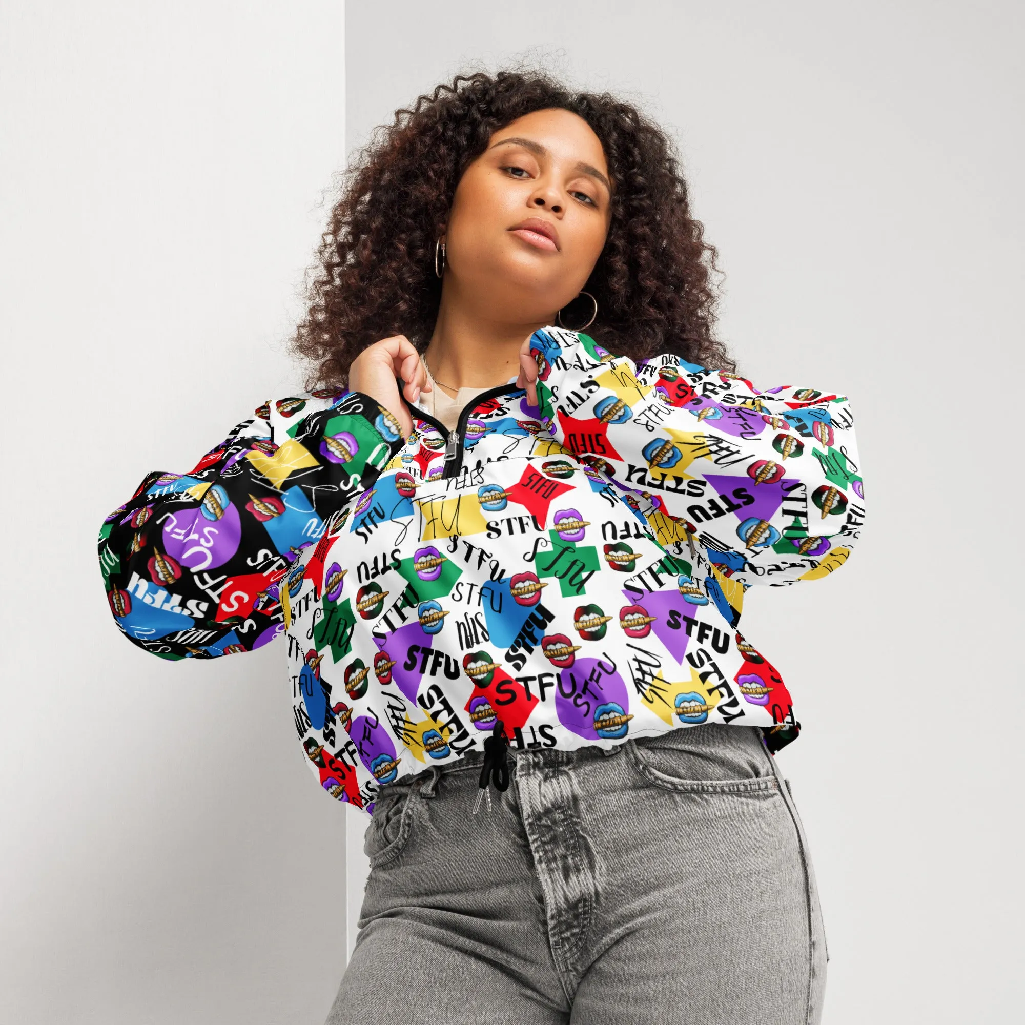 STFU Logos and Colors Women’s Cropped Windbreaker - Black/White