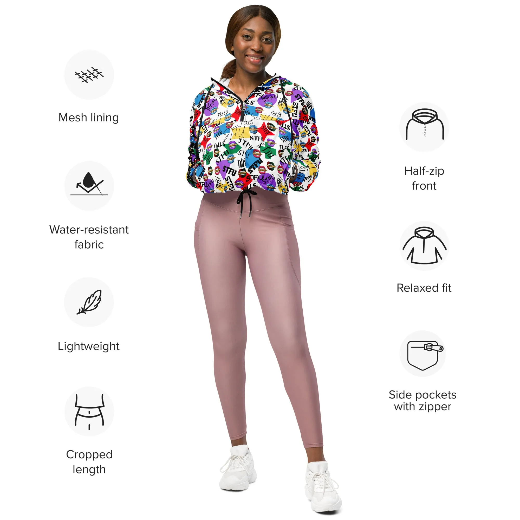 STFU Logos and Colors Women’s Cropped Windbreaker - Black/White
