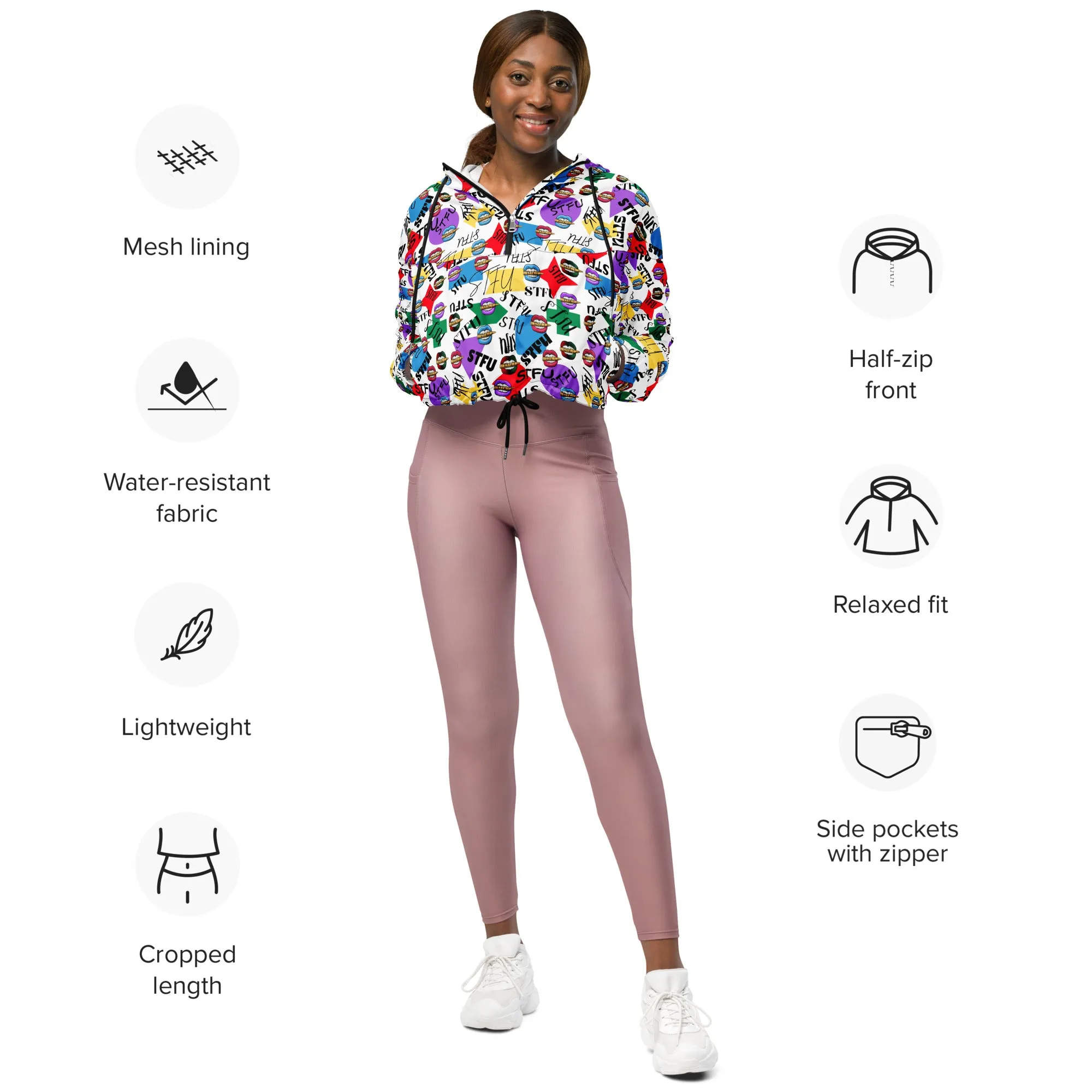STFU Logos and Colors Women’s Cropped Windbreaker - White