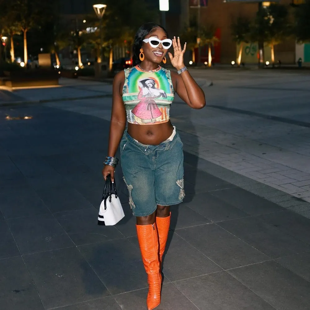 Street Trendy Star Patchwork Denim Shorts