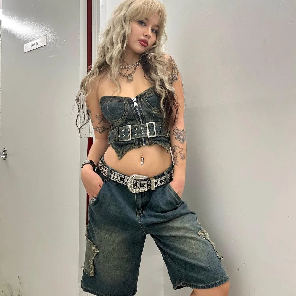Street Trendy Star Patchwork Denim Shorts