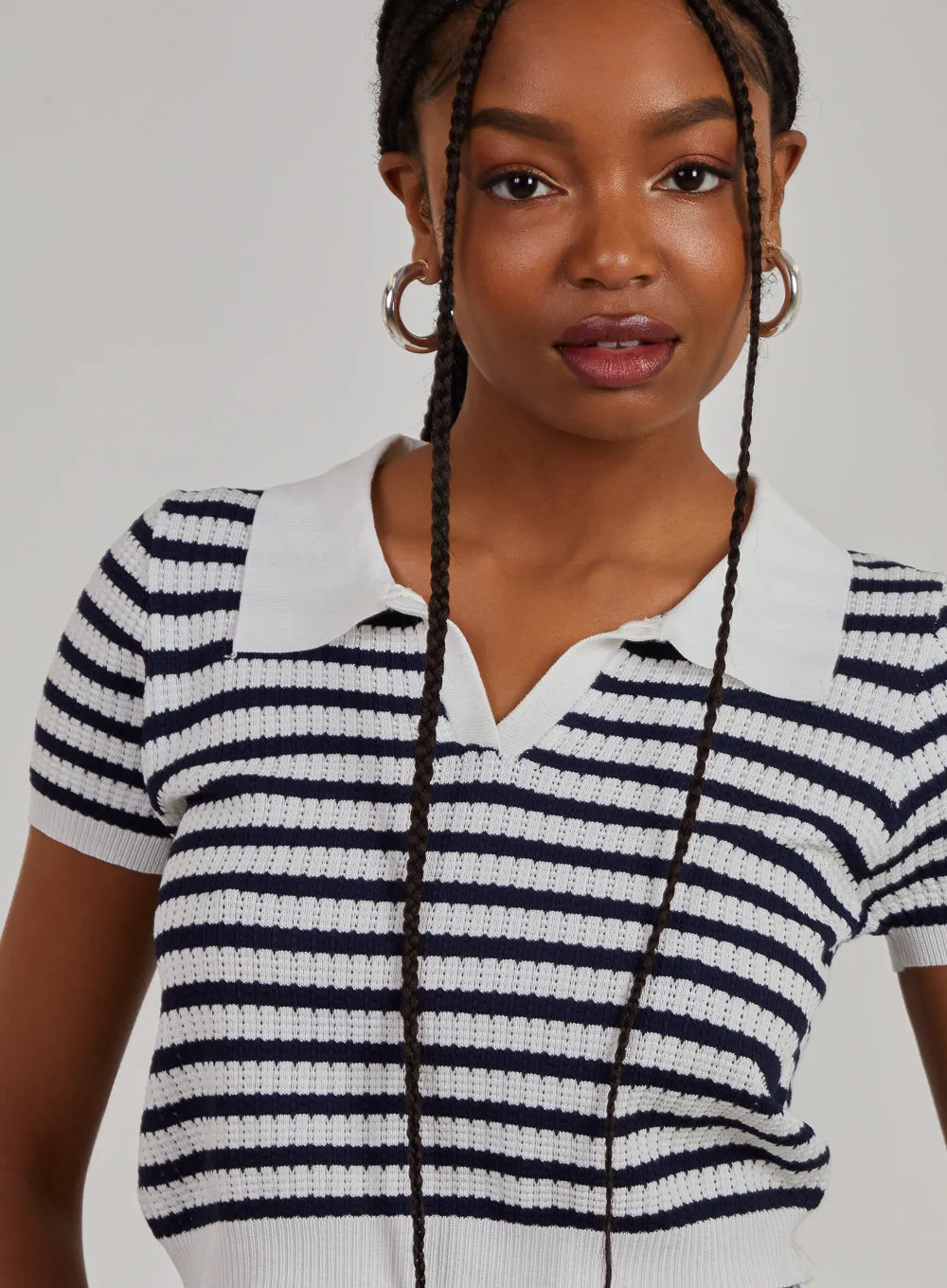 Striped Knitted Textured Polo Top
