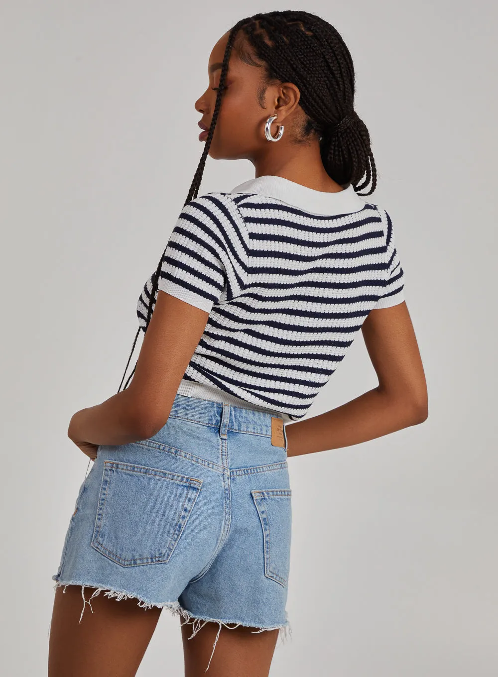 Striped Knitted Textured Polo Top