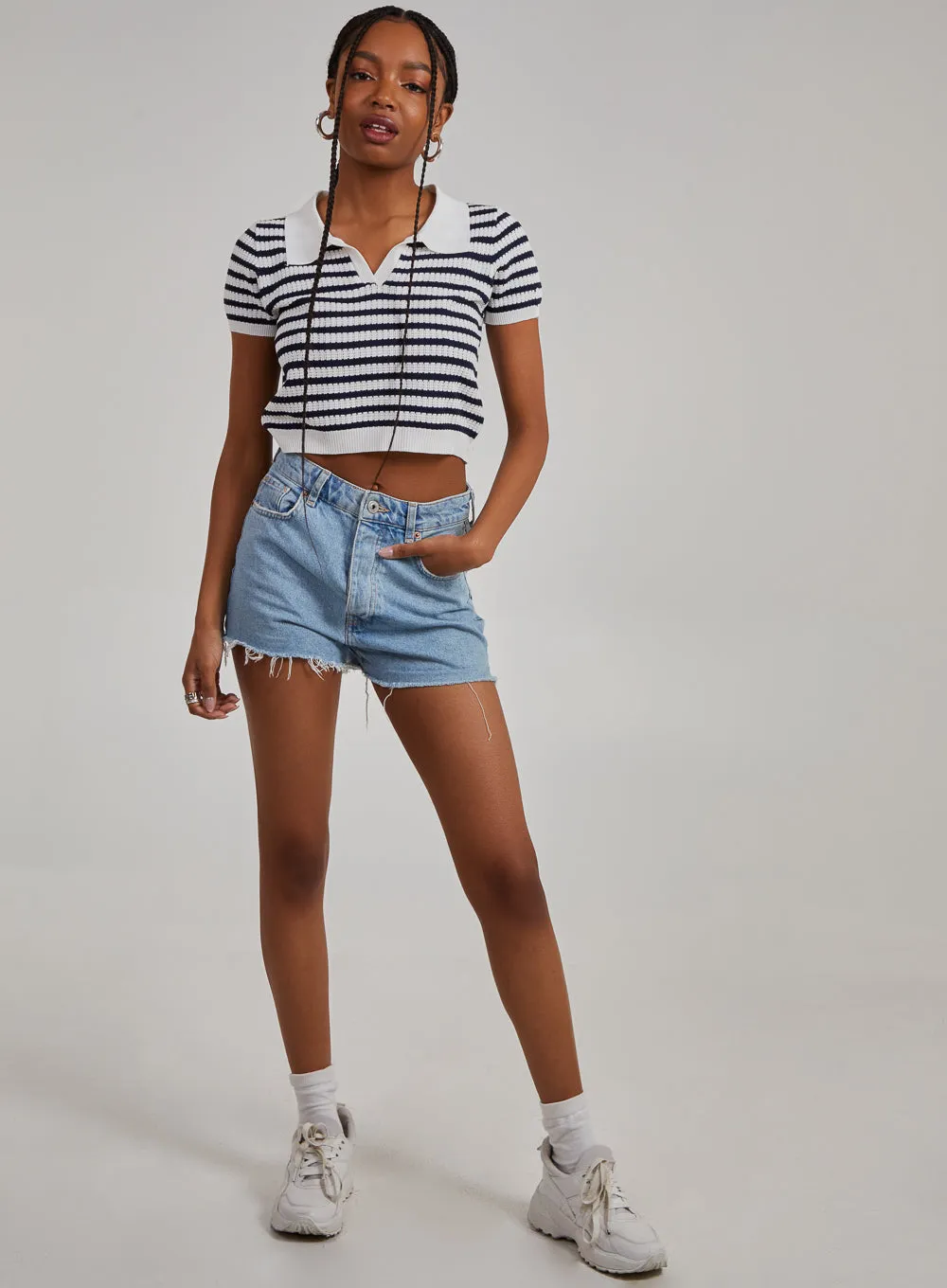 Striped Knitted Textured Polo Top