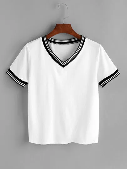Striped Trim V-Neck Tee