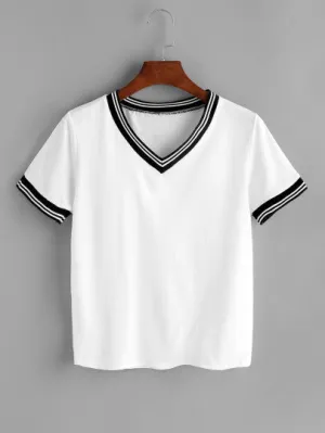 Striped Trim V-Neck Tee