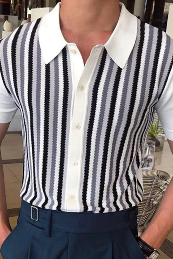 Striped Washed Knit Sweater Men's Short Sleeve Slim Fit