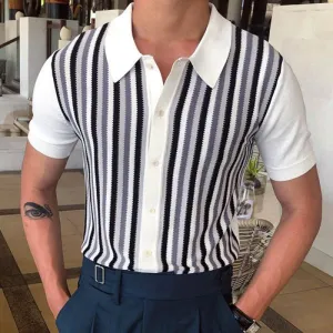 Striped Washed Knit Sweater Men's Short Sleeve Slim Fit