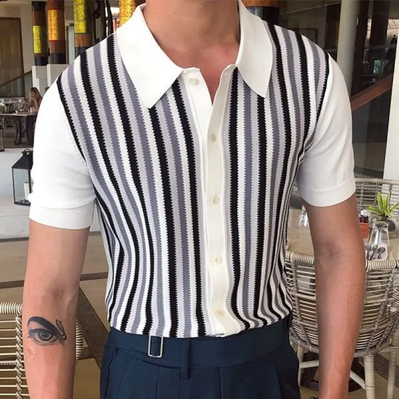 Striped Washed Knit Sweater Men's Short Sleeve Slim Fit