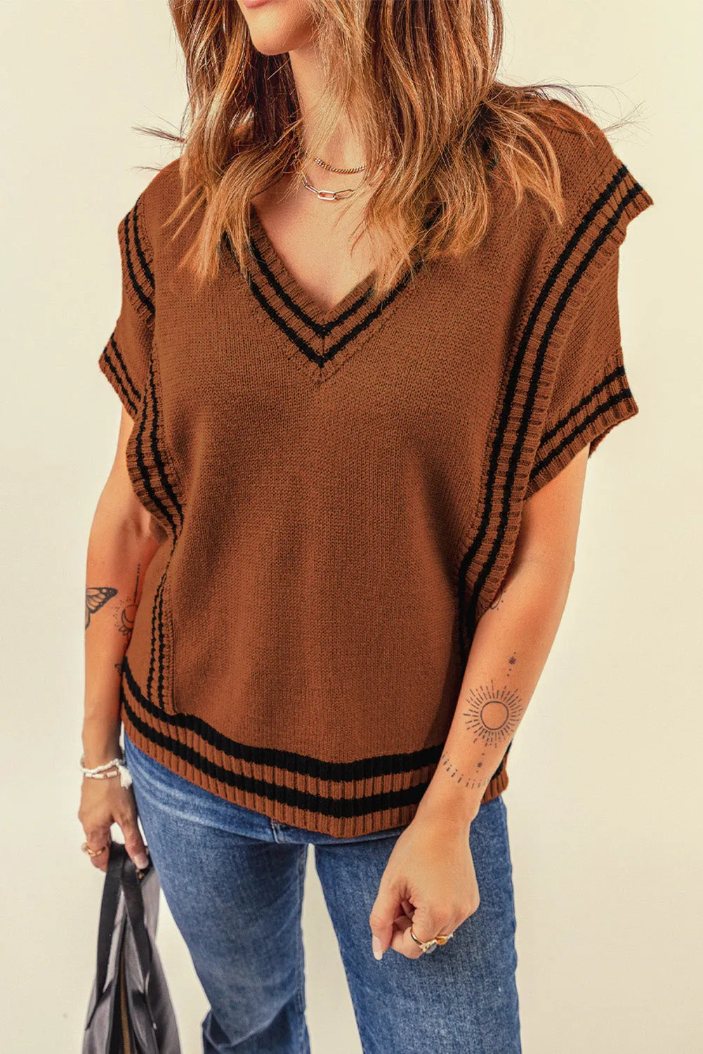 Stripes Trims Short Sleeve Sweater