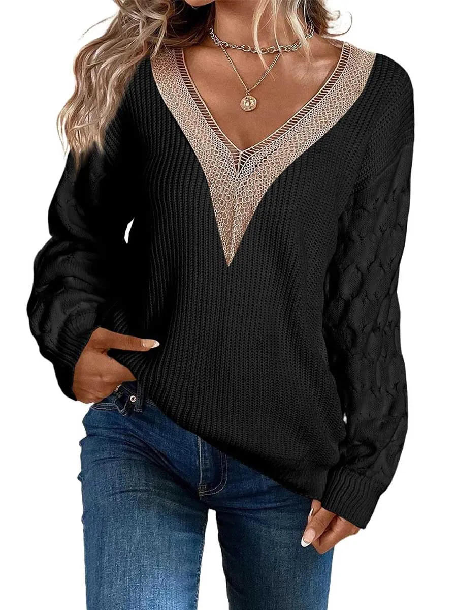 Stunncal Sexy Lace V-Neck Drop Shoulder Sweater