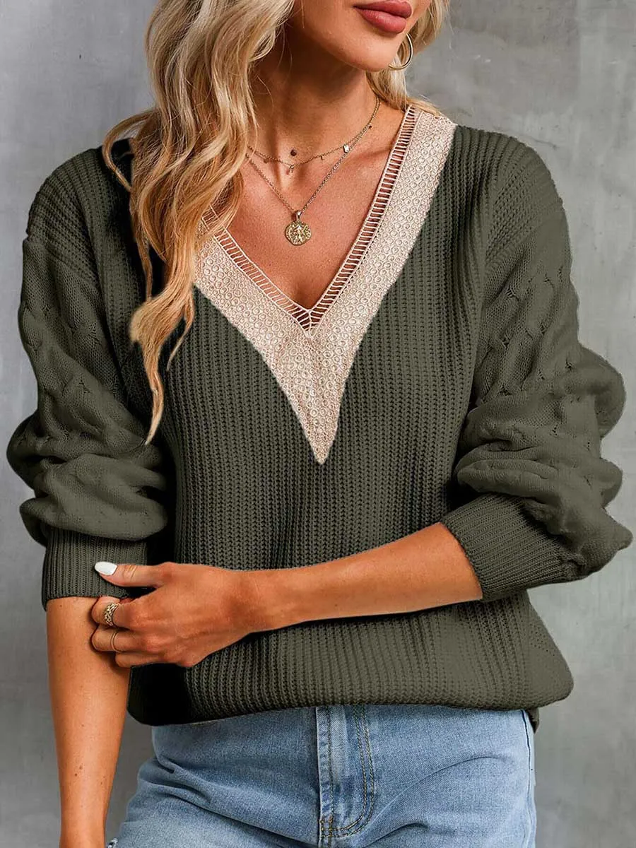 Stunncal Sexy Lace V-Neck Drop Shoulder Sweater