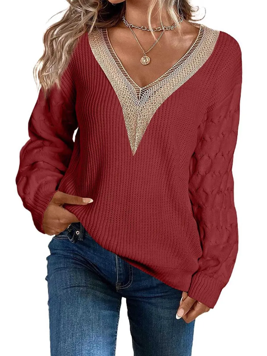 Stunncal Sexy Lace V-Neck Drop Shoulder Sweater