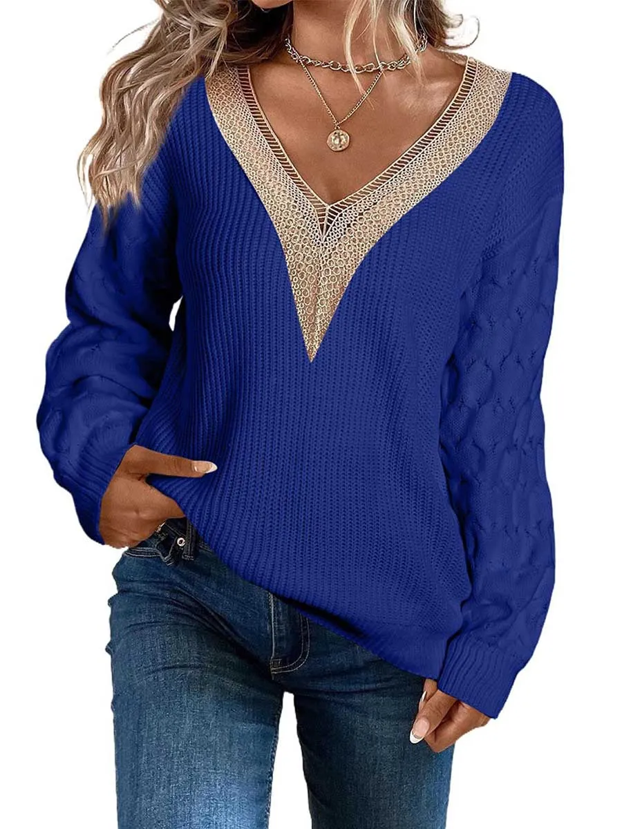Stunncal Sexy Lace V-Neck Drop Shoulder Sweater