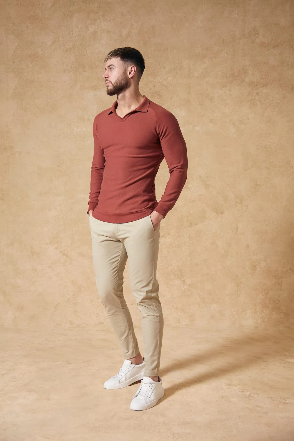 Textured Open Collar Polo in Brick