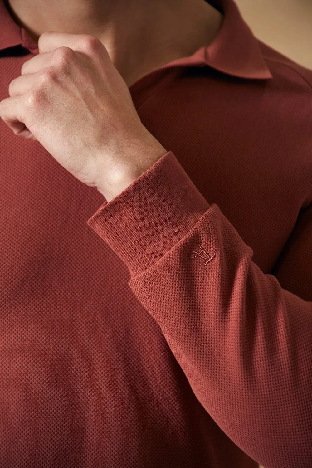 Textured Open Collar Polo in Brick