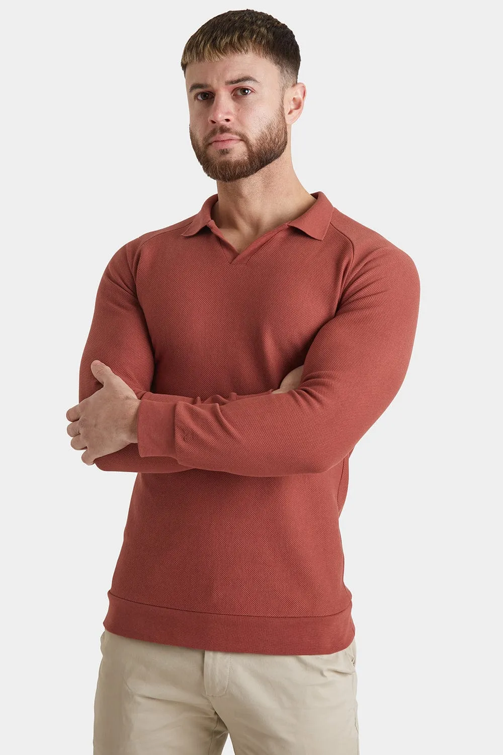 Textured Open Collar Polo in Brick