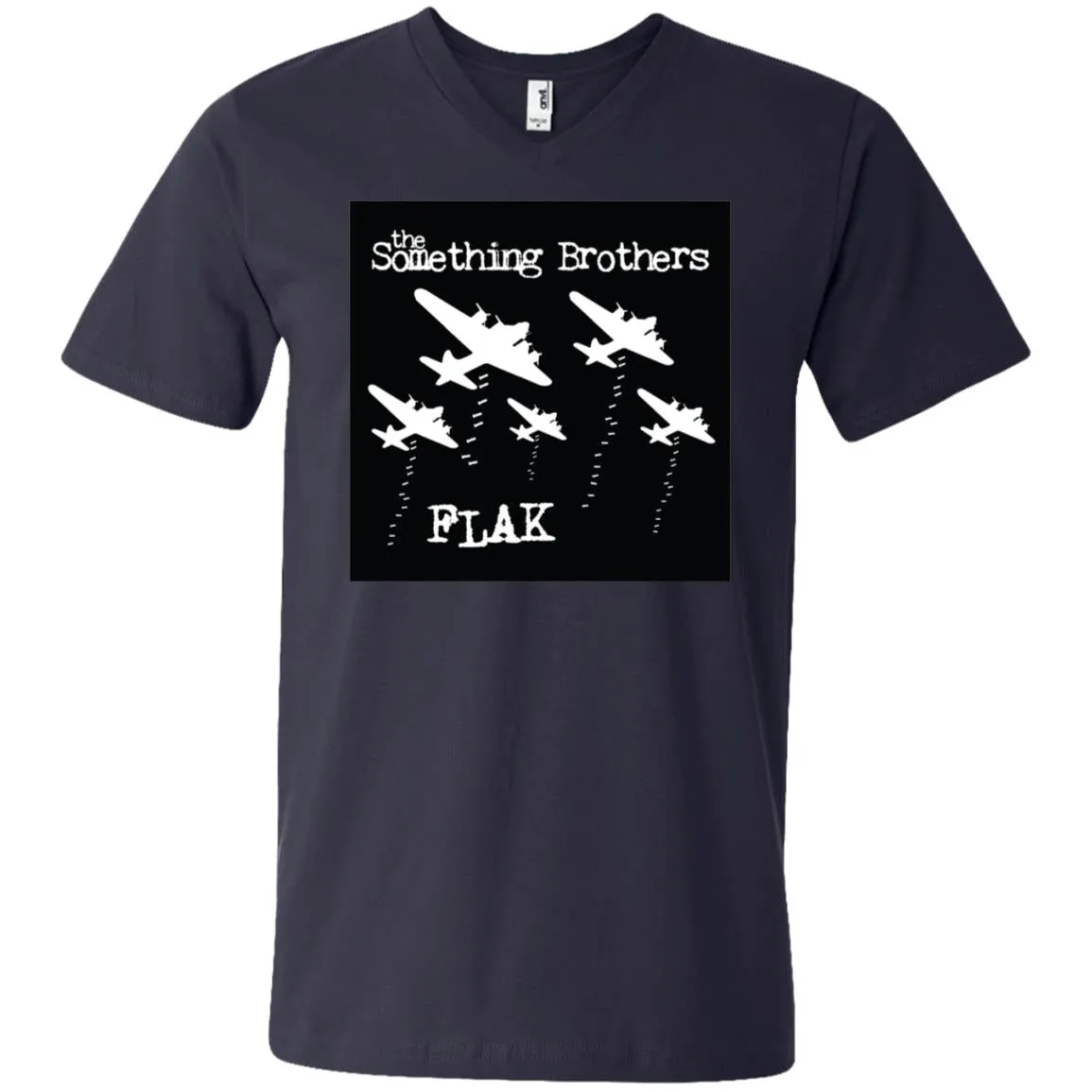 The Something Brothers FLAK Bombers Men's Printed V-Neck T-Shirt - White over Black Background