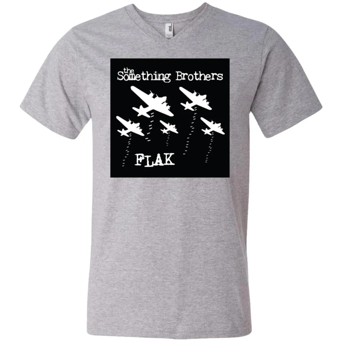 The Something Brothers FLAK Bombers Men's Printed V-Neck T-Shirt - White over Black Background