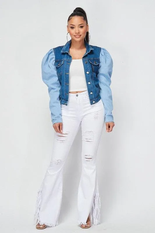 TWO TONE BUBBLE SHOULDER DENIM JACKET