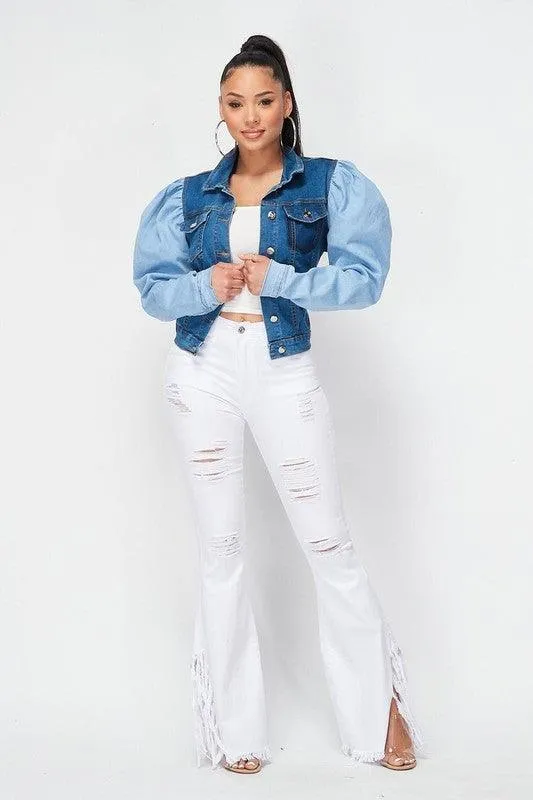 TWO TONE BUBBLE SHOULDER DENIM JACKET