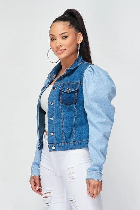 TWO TONE BUBBLE SHOULDER DENIM JACKET