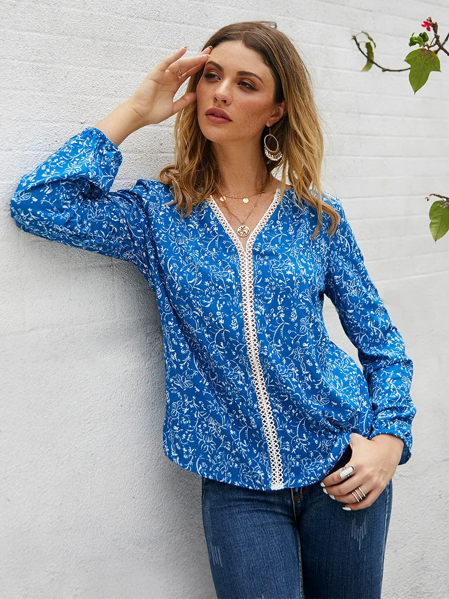 V Neck Lace Stitching Shirt
